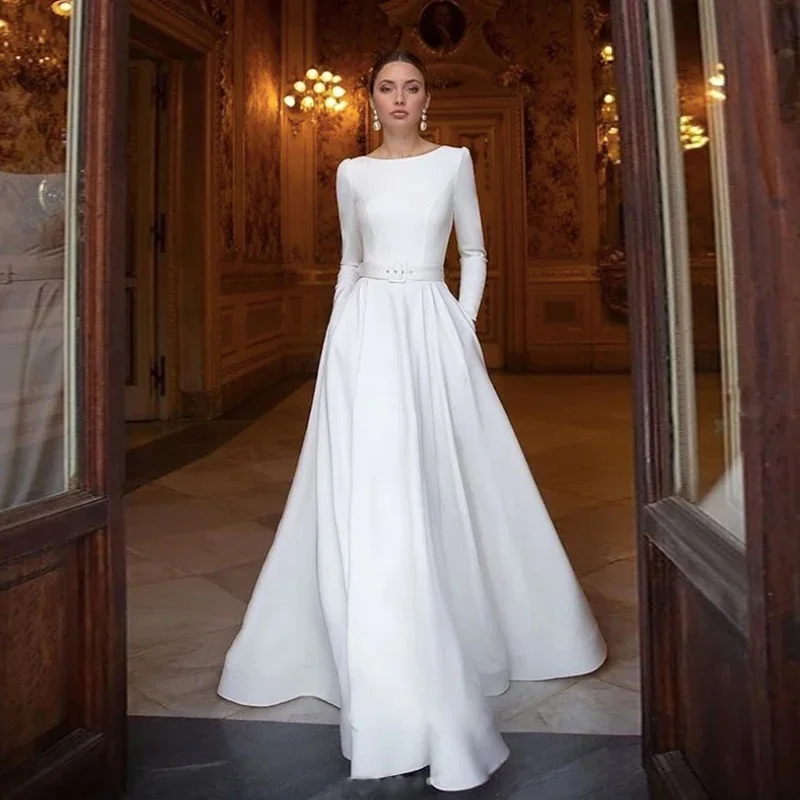 Boat Bateau Neck Luxe Satin Simple Wedding Gowns A Line Custom Made Closed Zipper Back Belted Long Fitted Sleeves Bridal Dress