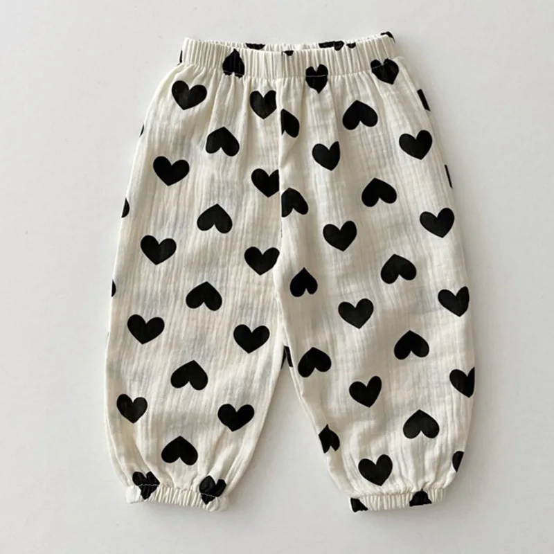 2024 New Summer Girls Linen Pants Baby Sweet Print Dots Apple Trousers Boys Casual Floral Pants Toddler Soft Pants