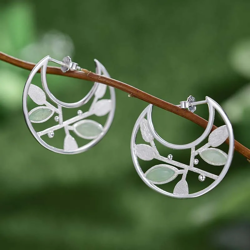 Lotus Fun Real 925 Sterling Silver Natural Stone Handmade Fine Jewelry Spring in the Air Leaves Hoop Earrings for Women Gift