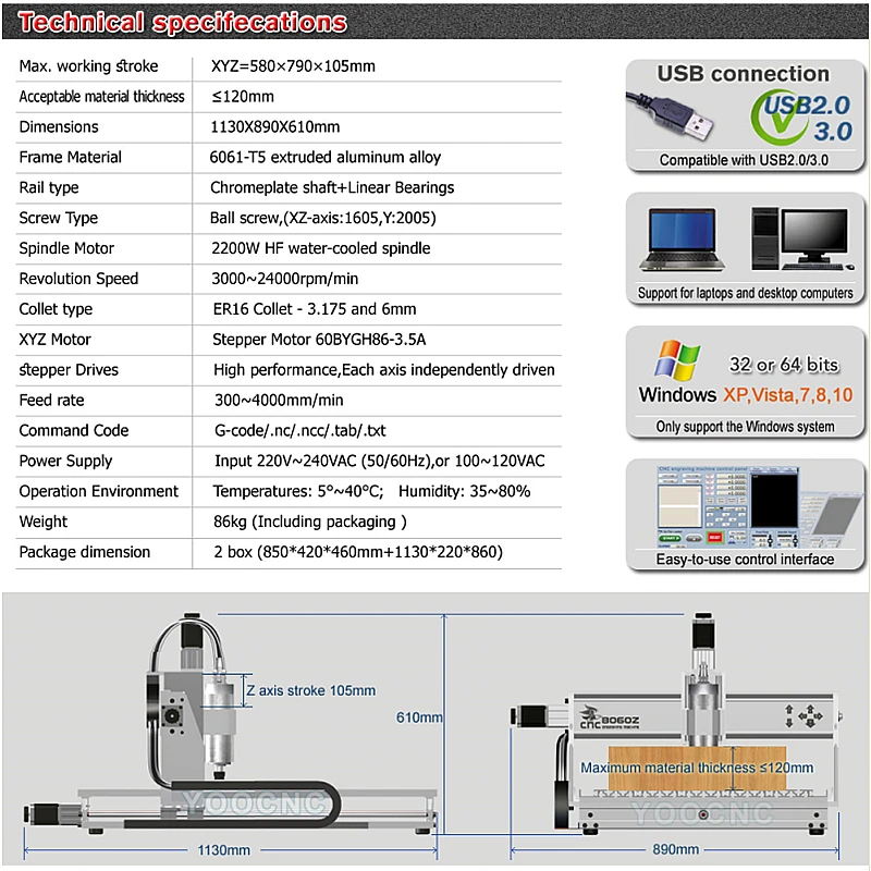 Imagem -05 - Yoocnc 8060-kit de Máquina de Gravação Fresadora Cnc 6040 2200w Eixos Porta Usb 300x400 mm Gravador de Madeira e Metal Faça Você Mesmo