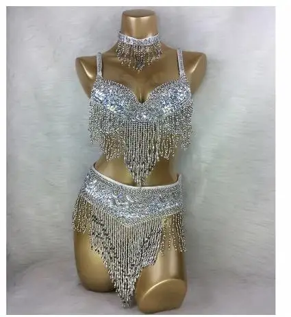 wholesale belly dance costume 3pcs/set(BRA+BELT+NECKLACE) GOLD&SILVER white 4 COLORS