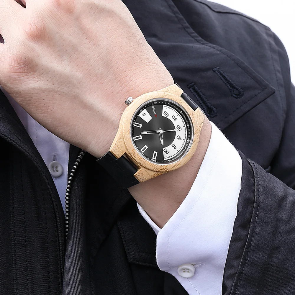 Unique Special Hour and Minute Functions Display Wooden Quartz Wristwatch Man Minimalist Retro Leather Man Clock Wood Timepieces