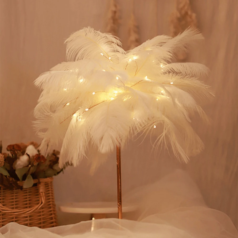 Creative DIY Feather Table Lamp Remote Control USB/AA Battery Power Warm Light Tree Feather Lampshade Wedding Home Bedroom Decor