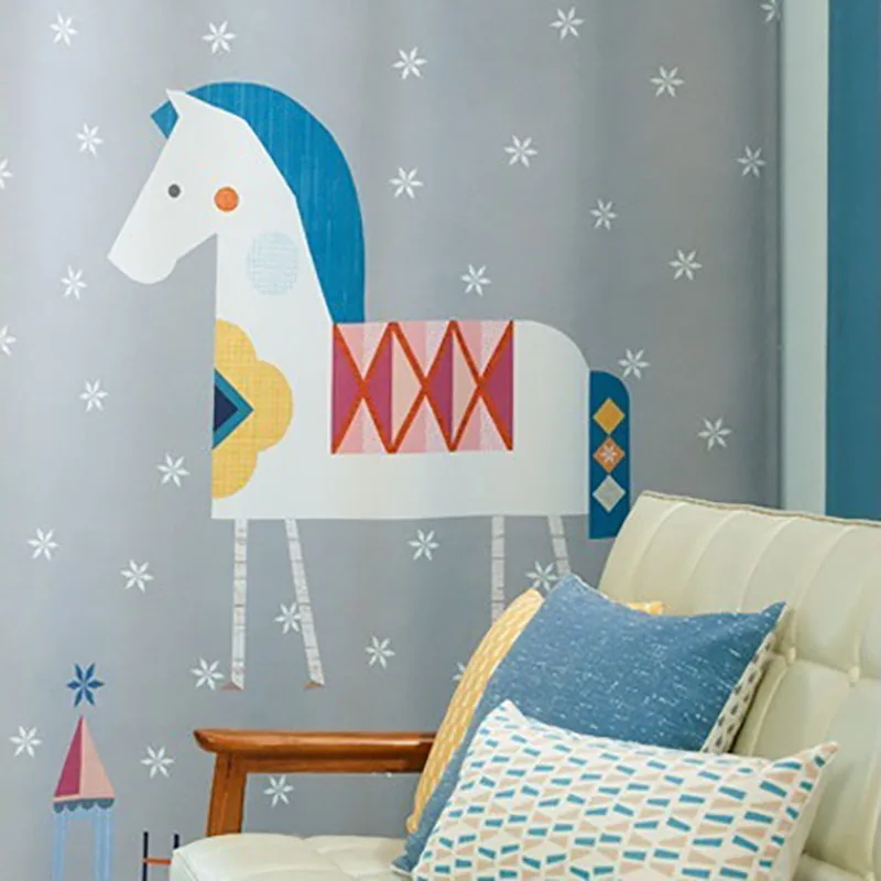 Blue Gray Cartoon Trojan Horse Window Curtains Nordic Style High Shade Sound Insulation Children'S Bedroom Curtains Customizable