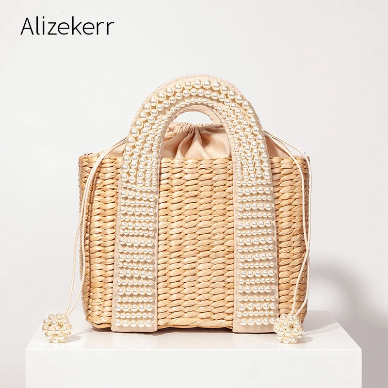 Perlen Strand Tasche Frauen 2020 Sommer Neue Elegante Woven Perlen Stroh Tasche Weibliche Böhmen Gestrickte Große Tote Handtasche Urlaub Casual