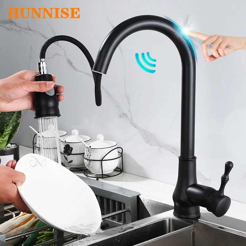 

Matte Black Touch Kitchen Faucet Sensitive Sensor Kitchen Sink Mixer Tap Solid Brass Pull Out Kitchen Tap Smart Touch Faucets