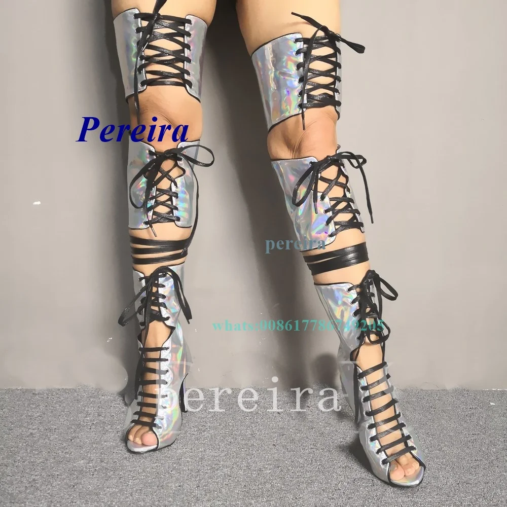 Metallic Back Zip Open Toe Lace-Up Sandal Boots Fashion Women's High Heels Laser Cut Out Zip Buckle Strap Newborn High Heels