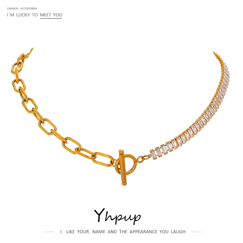 Yhpup Waterproof Stainless Steel Metal Chain Exquisite Shiny Cubic Zirconia Collar Necklace Accessories бижутерия для женщин