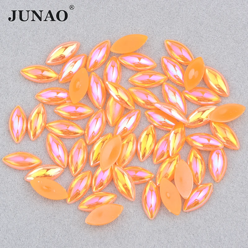 JUNAO 5*10mm 7*15mm Neon Green AB Flatback Pearl Rhinestone Horse Eye Strass Crystal Half Pearl Stickers for Jewelry DIY Crafts