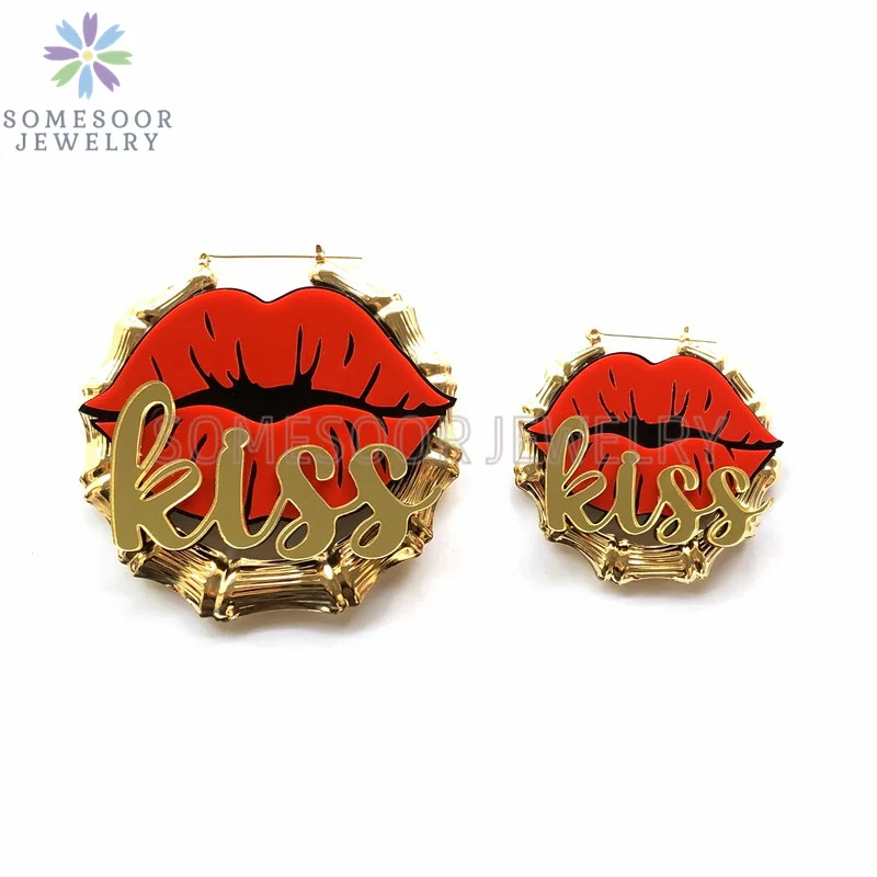 SOMESOOR Red KISS Lips Hoop Women Earrings Mirror Golden Color Letter Big Bamboo Circle HipHop Jewelry Valentine\'s Day Girl Gift