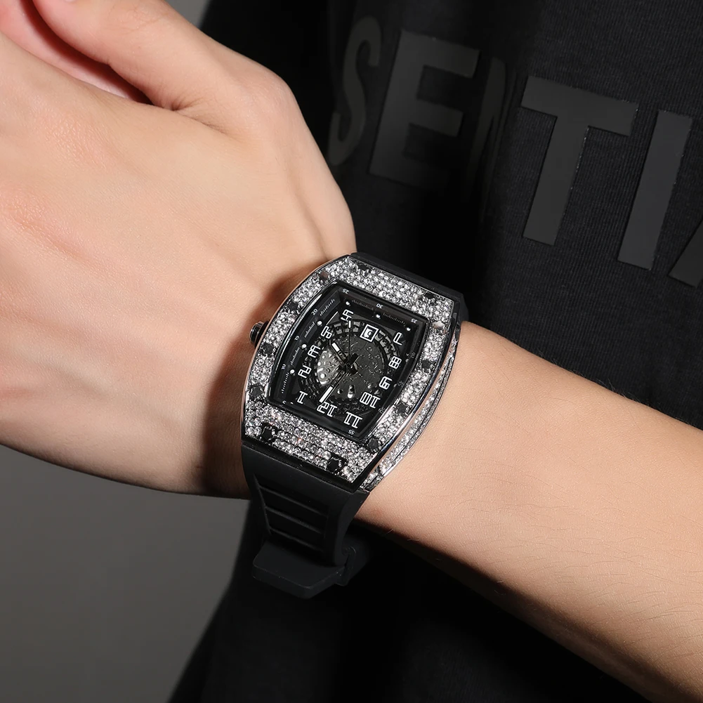 TBTK Sqaure Dial Mechanical Watch Full Rhinestones Iced Out Wrist Watches With Black Belt For Men Women Fashion Gift