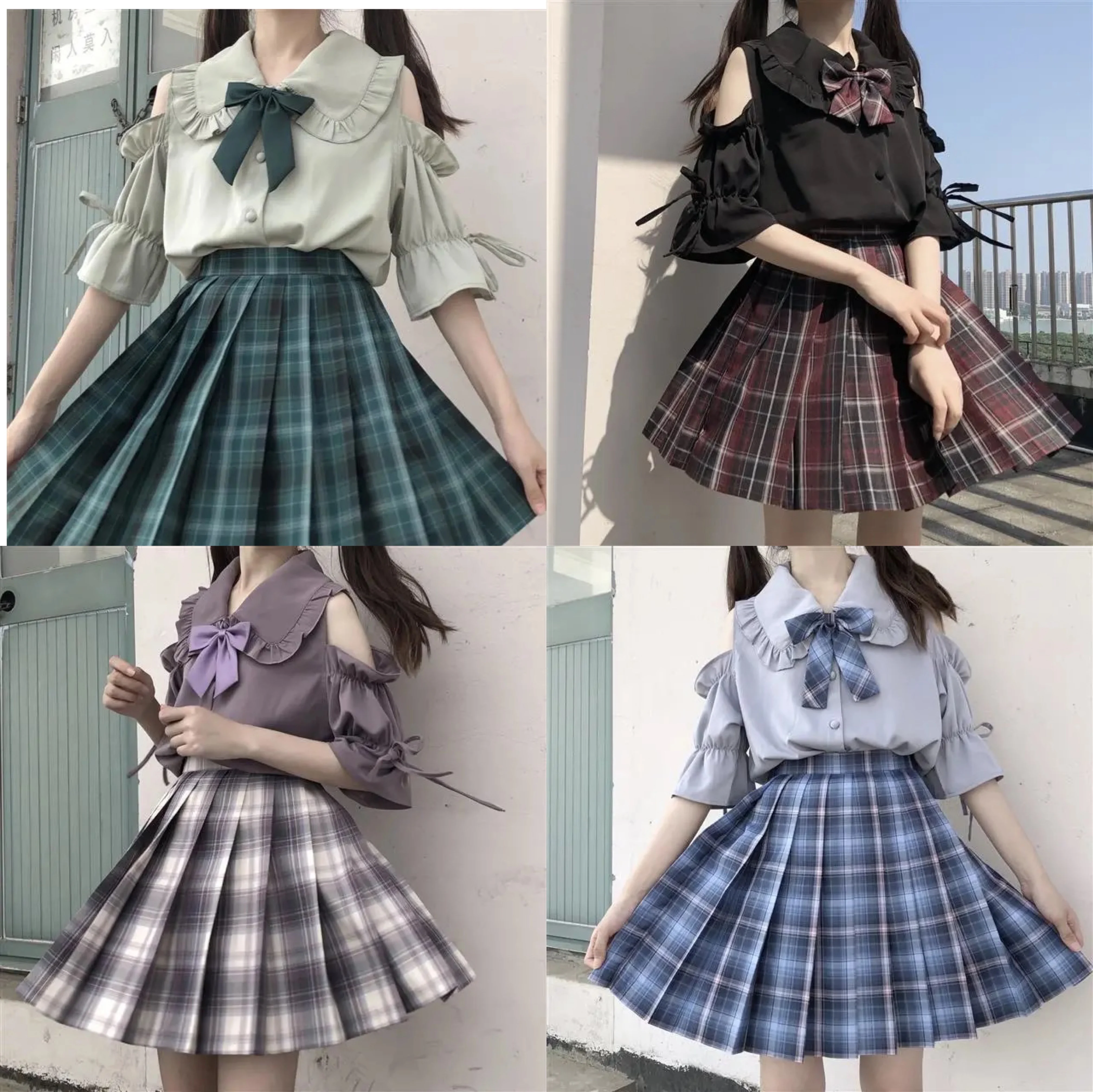 

Student Girl Suit Trumpet Sleeve Blouses + Plaid Skirt Uniform Women Cold Shoulder Strapless Short Sleeve Tops Breathable Blouse