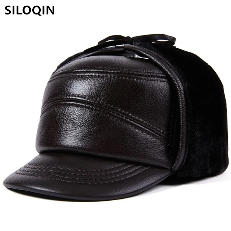 

SILOQIN new men's warm earmuffs hat baseball caps natural genuine leather cap winter cowhide hats middle-aged elderly winter hat