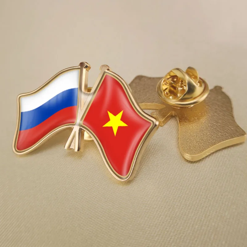 Russian Federation and Vietnam Crossed Double Friendship Flags Lapel Pins Brooch Badges