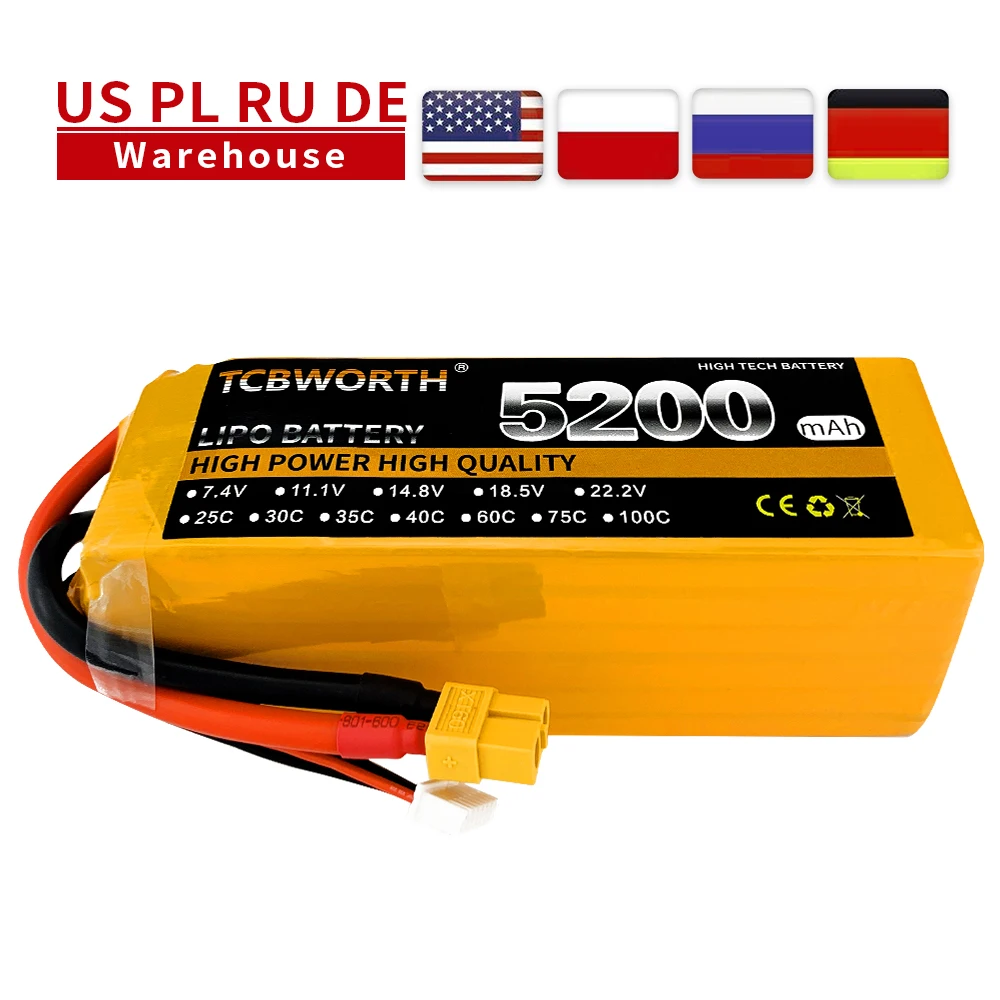 

TCBWORTH RC Airplane LiPo Battery 6S 22.2V 5200mAh 60C For RC Airplane Quadrotor Car Boat Drone 6S Toys Batteries LiPo 22.2V