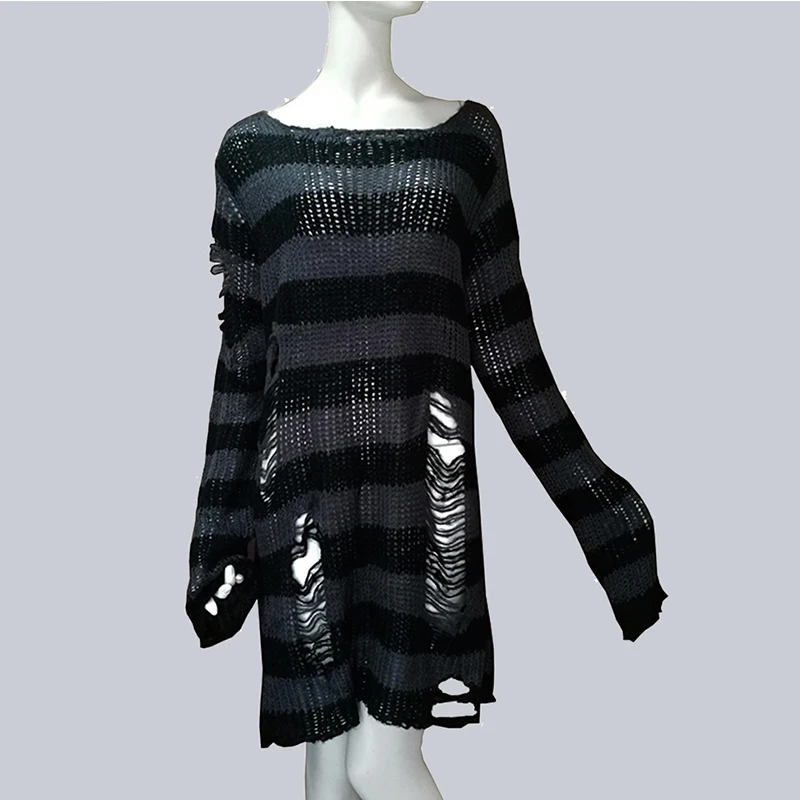 Plus Size Punk Gothic Long Unisex Sweater Dress Cool Hollow Out Hole Broken Jumper Loose Rock Thin Sweter 2020 Women Man Striped