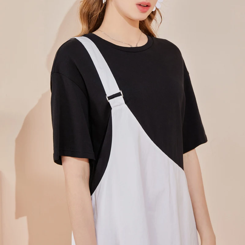 ARTKA 2021 Summer New Women Dress Fashion Strap Fake Two Piece Midi Dresses Loose Casual Ruffles Black T-Shirt Dress ZA25013X