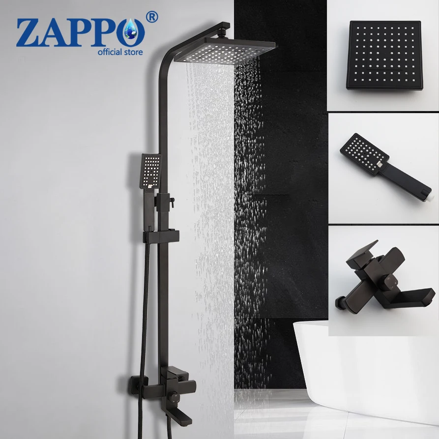 

ZAPPO Bathroom Matte Black Swivel Round 8" Rainfall Shower Heldhead Shower Faucet Set Bathtub Mixer Tap Torneira