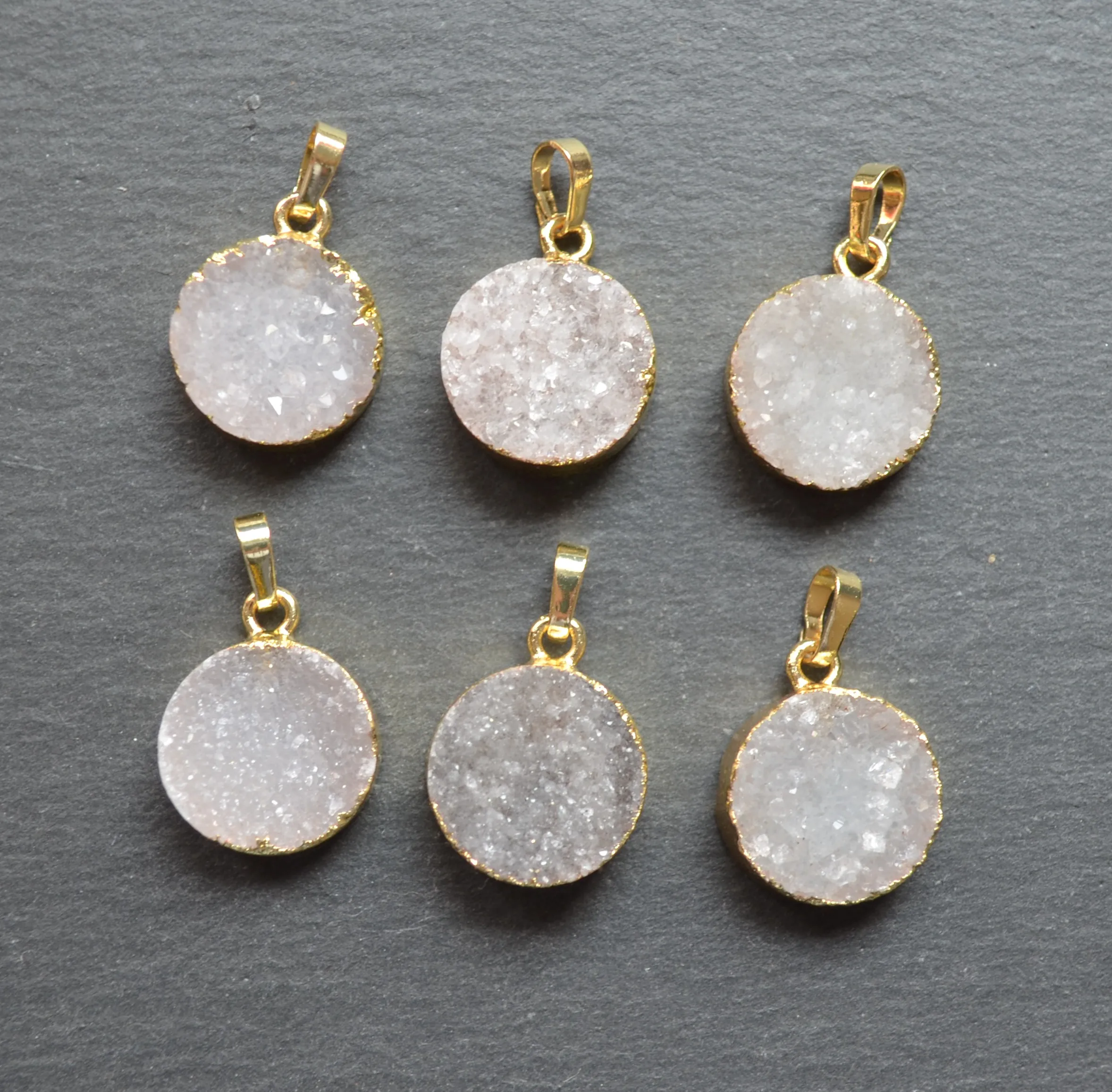 New 15 mm white round druzy pendants with Electroplated gold edges