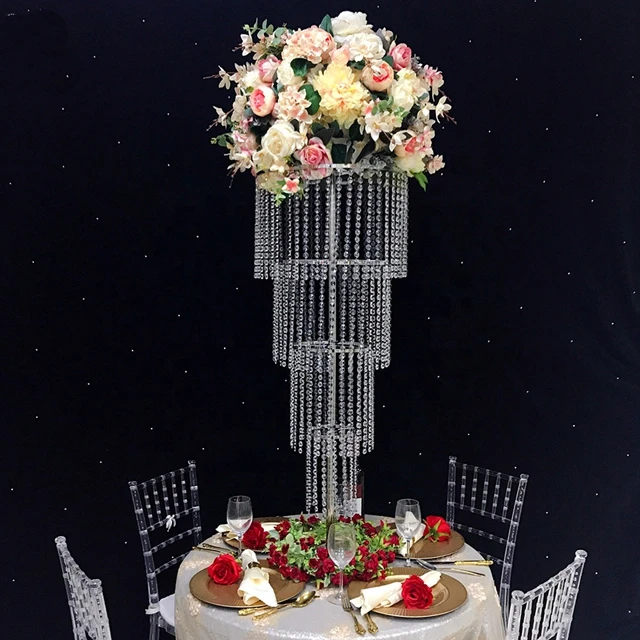 10pcs)120cm Tall Metal Silver Flower Stand with Acrylic Bead Garland for Wedding Event Decoration Table Centerpiece yudao1663