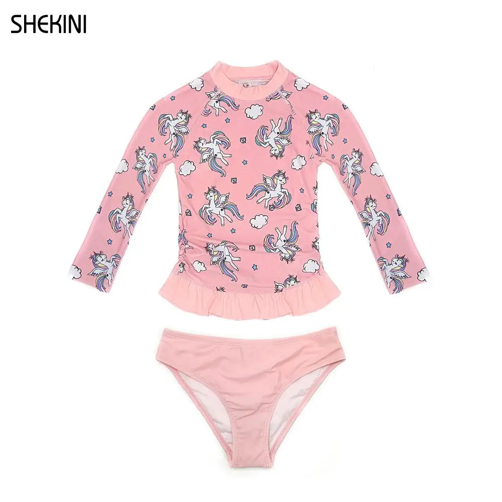 SHEKINI Girl's Ruffle Trim Ruched Top UPF50+ Long Sleeve Teen Bathing Suit Rash Guard Two Piece Swimsuits Teenage Girls Bikini