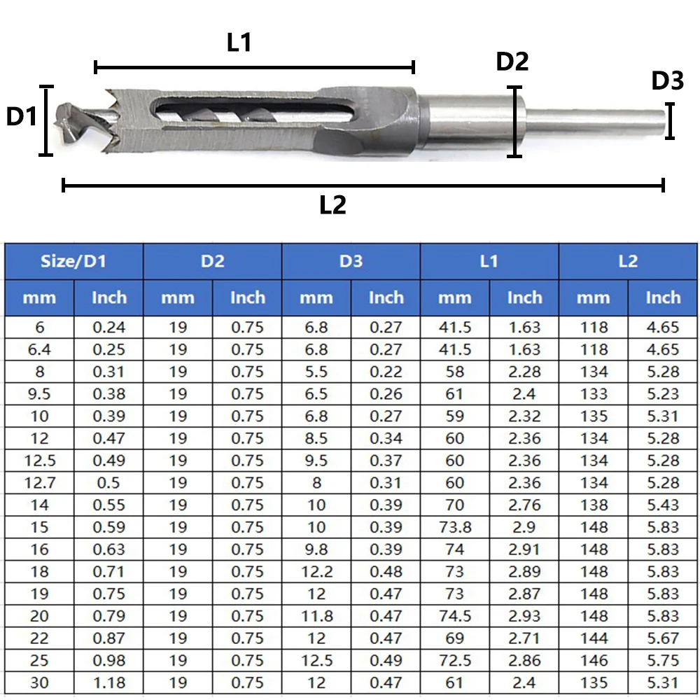 4/6PCS Woodworker Square Hole Drill Bits Mortising Chisel Set Woodworking Hole Saw Mortising Chisel Drill Bit Tool Set D30