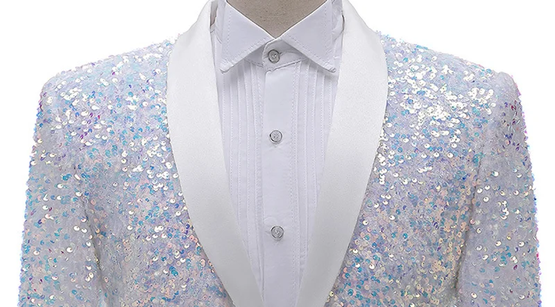 Blazer de esmoquin con lentejuelas blancas brillantes para hombre, cuello de Chal, vestido de un botón, Chaqueta de traje, ropa de escenario para