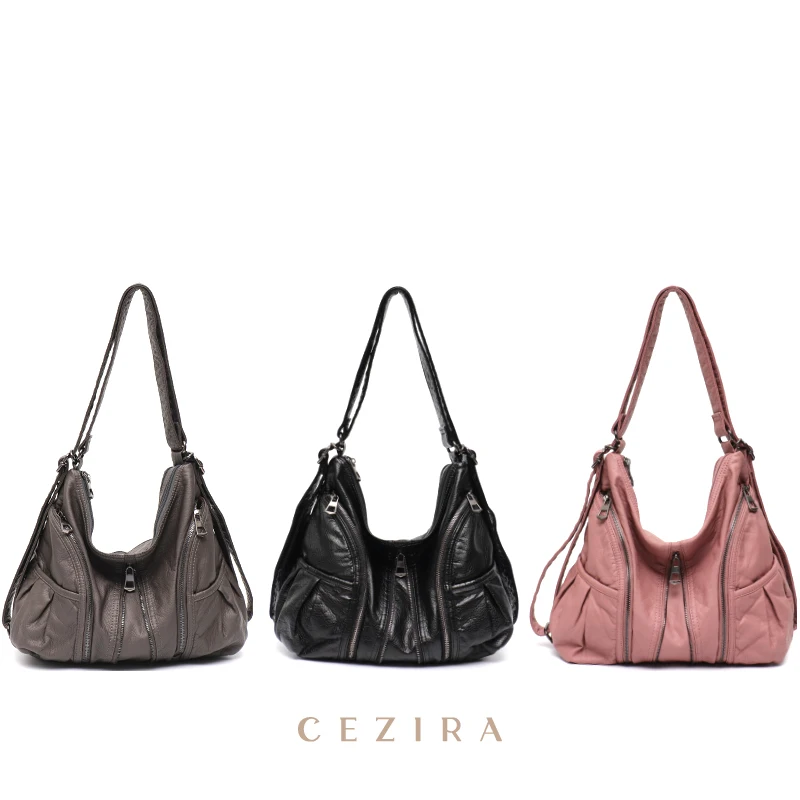 CEZIRA Fashion Women Washed PU Backpack Soft Vegan Leather Shoulder Bags Multi Pockets Large School Knapsack Female Hobo Casual