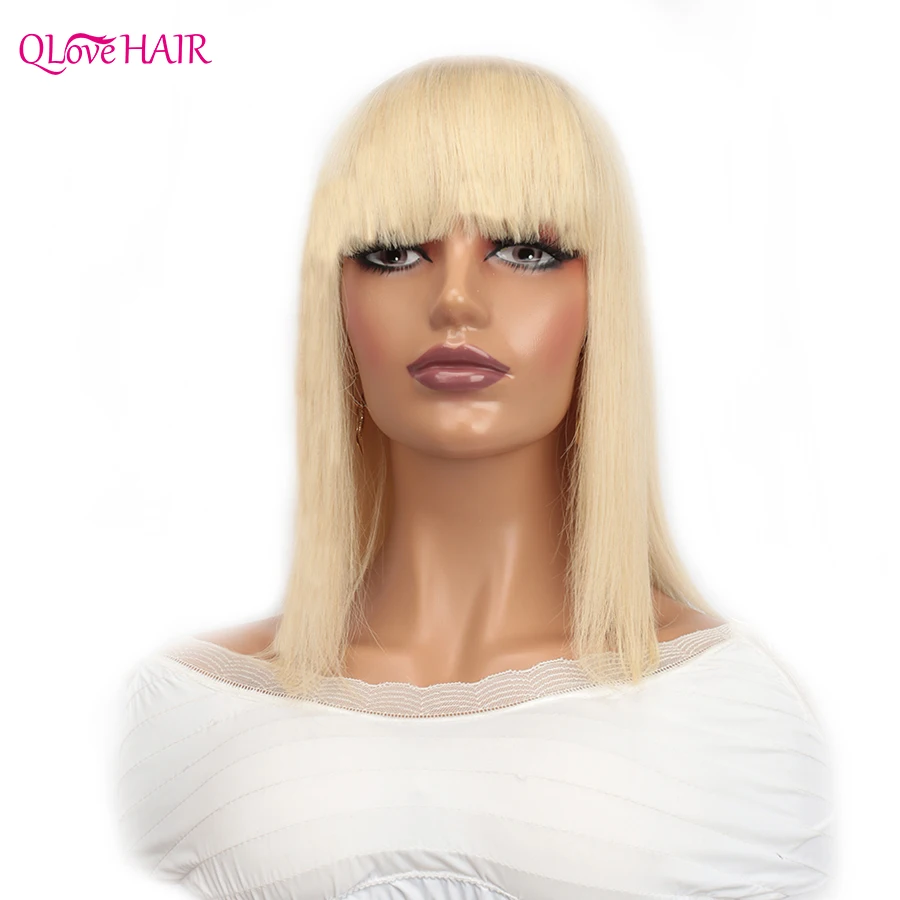 613 Blonde Straight Human Hair Wigs With Bangs Full Machine Made Human Hair Wig For Woman Short Peruvian Straight Bob Wig