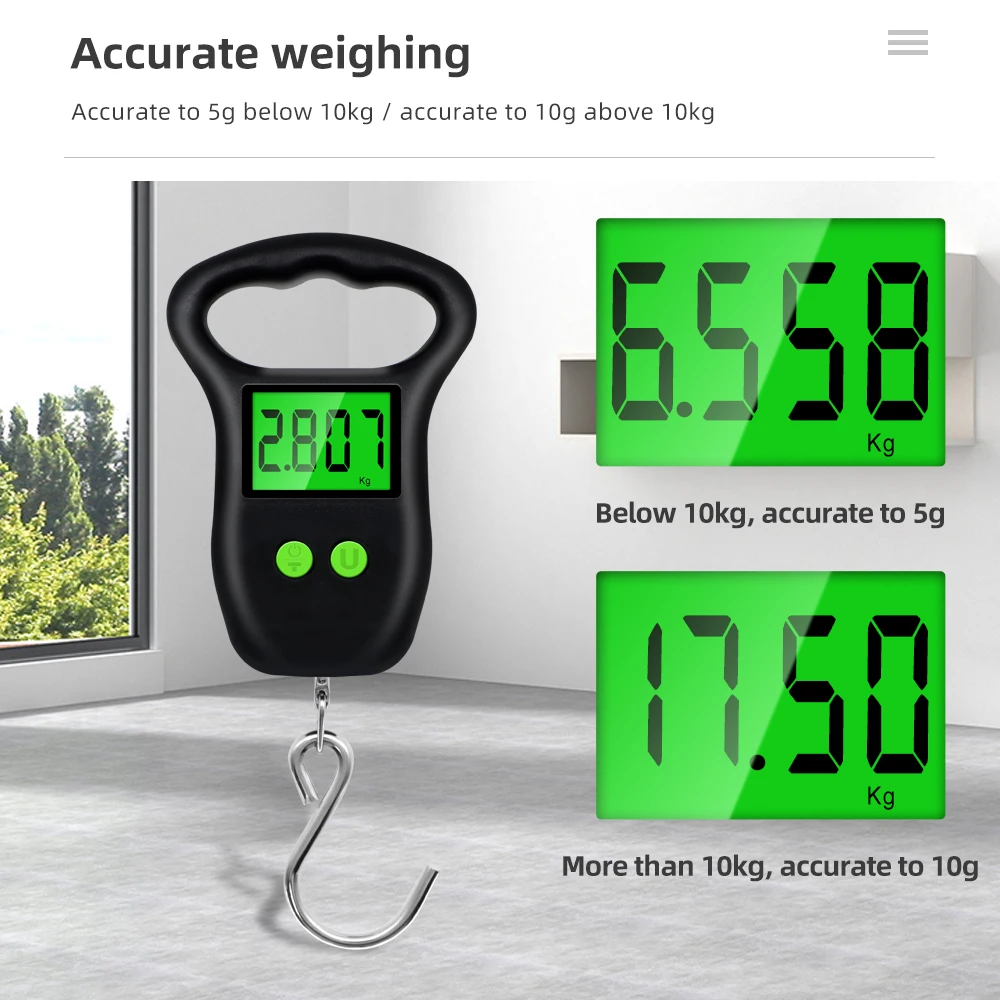 Portable Hand Held Digital Luggage Scale 50Kg 10g Fish Hook Hanging Scale Measuring Tape BackLight LCD Display