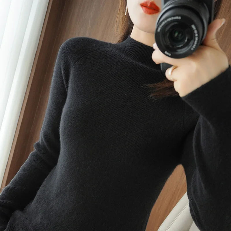 2022 half high neck cashmere sweater women\'s winter cashmere Pullover knitted women\'s long sleeve thick loose Pullover