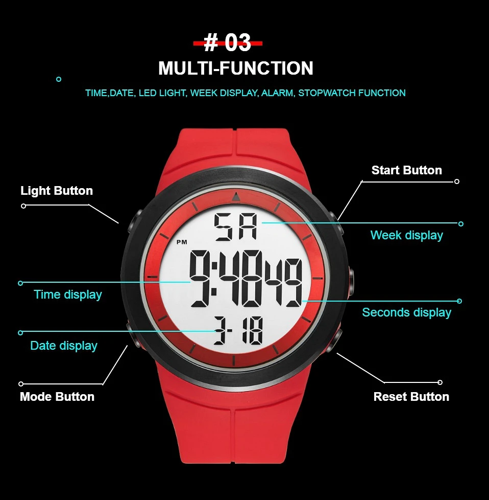 Fashion Digital Men Watches White Waterproof Outdoor Referee Sport Watch Shock Resistance Electronic Wristwatch Stopwatch Clock