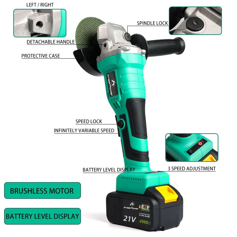 3 Speed Adjustable Polishing Brushless 21V Wireless Electric Angle Grinder Cordless Rechargeable Lithium Battery Cutting Machine