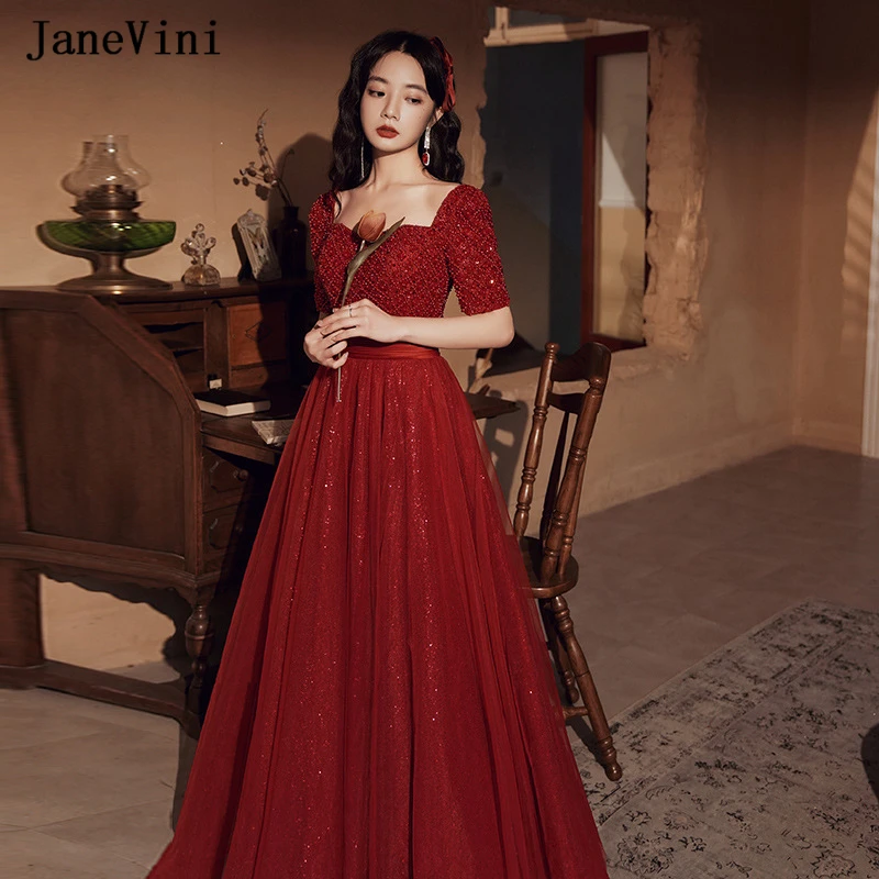 

JaneVini Glitter Burgundy Long Prom Dresses 2020 Square Collar Luxury Beading Short Sleeves A Line Prom Gowns Vestidos De Festa