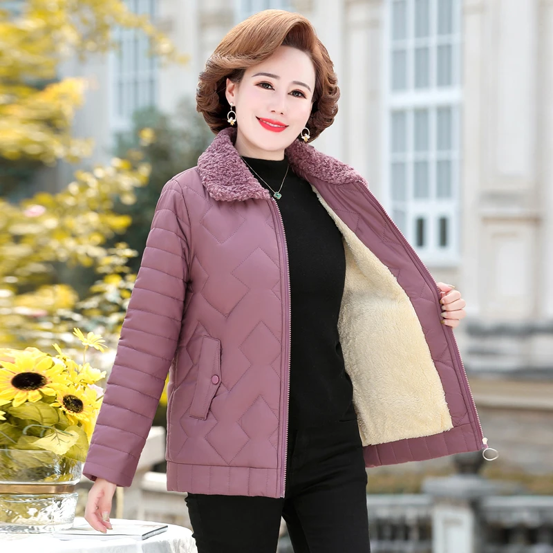 Winter Jacket Women Solid Plus Velvet Cotton Padded Coat  Thicken Short Lamb fur collar Jacket Middle-aged Female