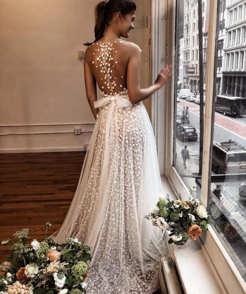 Robe de mariée en dentelle de forme trapèze, style Boho, rustique, Illusion, col rond et dos, avec nœud, 2021