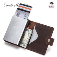 CONTACT'S Crazy Horse Leather Card Holder Wallet Men Automatic Pop Up ID Card Case Male Coin Purse Aluminium Box RFID Blocking