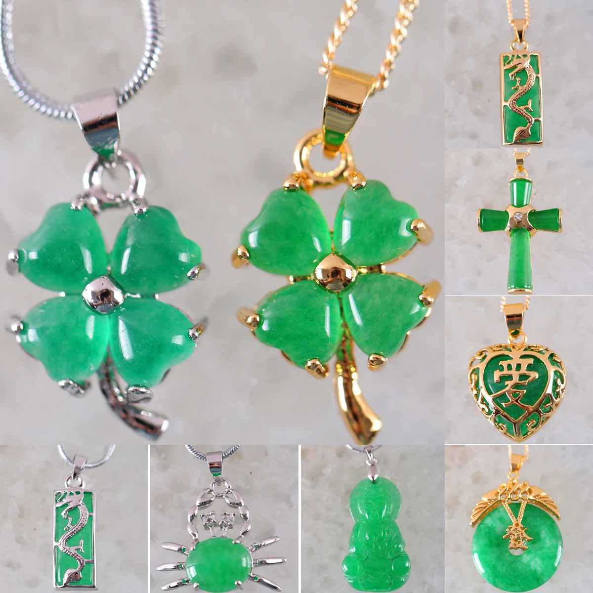 Women Pendat Natural Stone Green Jades Four Leat Clover Animal Frog Sea Turtle Gem Cross Bead Necklace Pendant