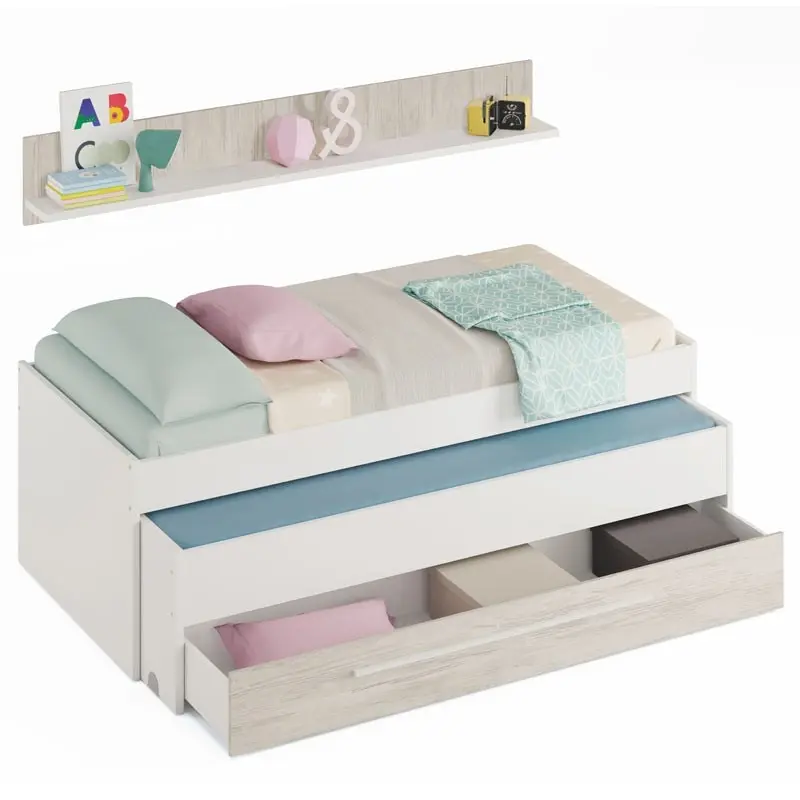 Youth nest bed, two beds + drawer + children's shelf in white Artik and white Velho 199x96x65