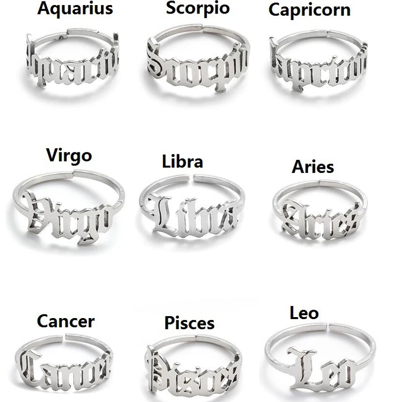 Adjustable 12 Constellation Opening Ring For Women Zodiac Sign Party Jewelry Aries Leo Gold Silver Color Stainless Steel Rings