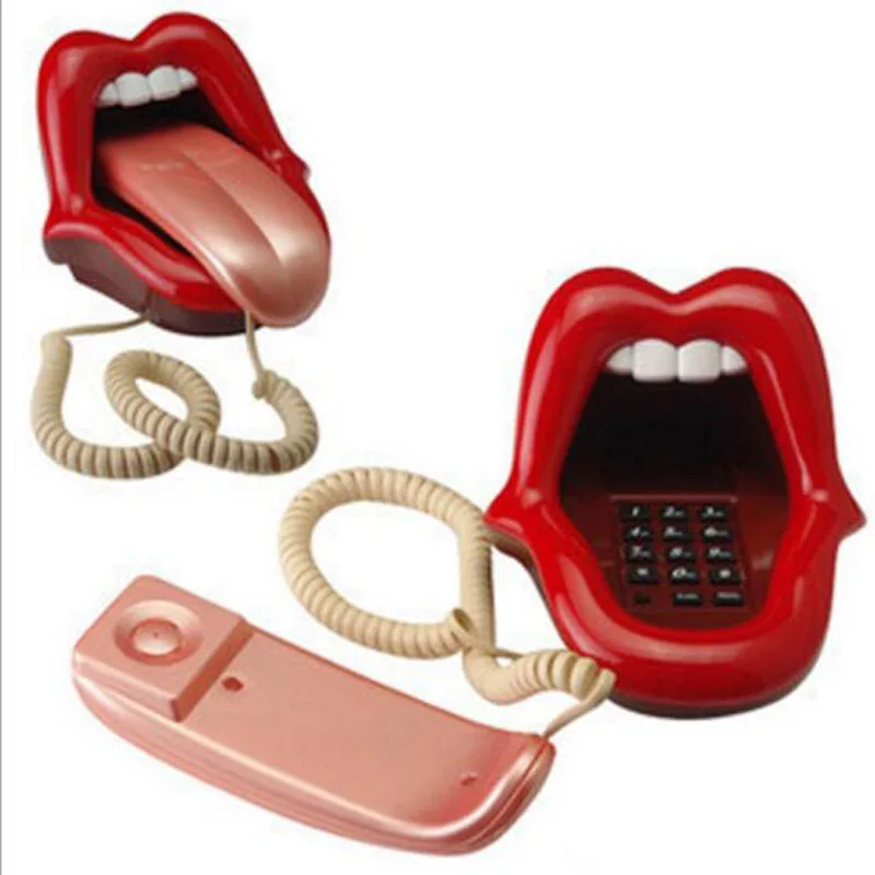 Unique Red Lips Open Mouth Phone with Tongue Design Corded Land Line Telephone Decoration for Home Office Table Desk Phone