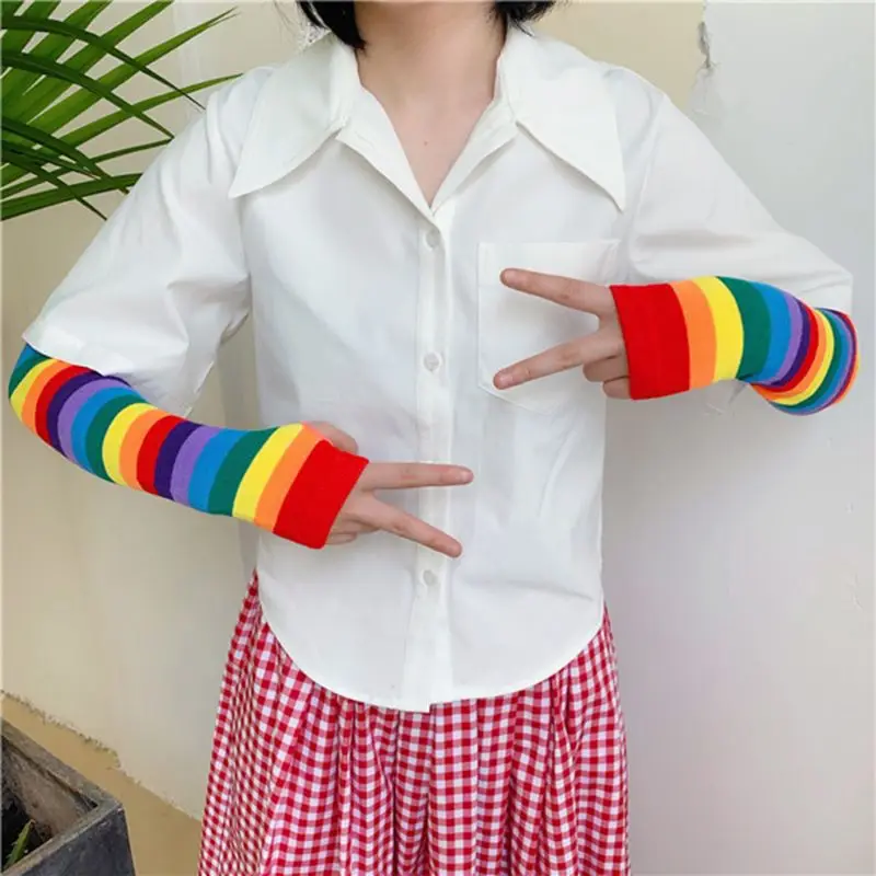 

Women Girl Harajuku Elbow Length Fingerless Arm Sleeve Warmer Rainbow Colored Striped Knitted Sunscreen Halloween Costume .