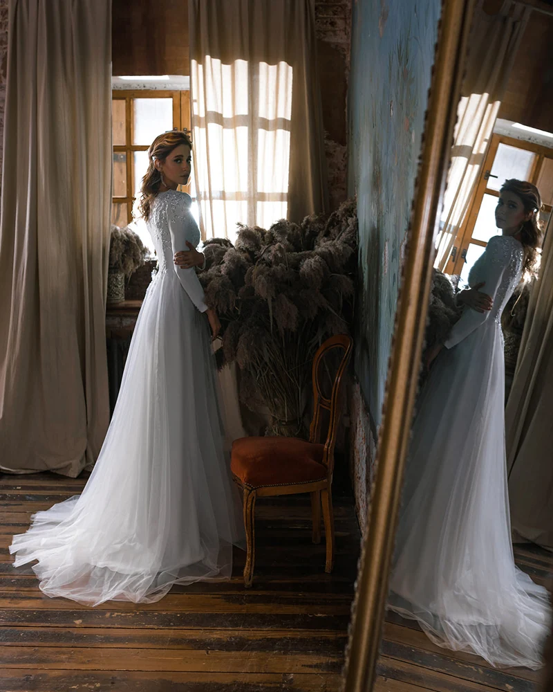 Vestidos De Novia De manga larga, vestido De boda bordado con apliques, ropa De boda Simple, Hochzeitskleid, cremallera en la espalda