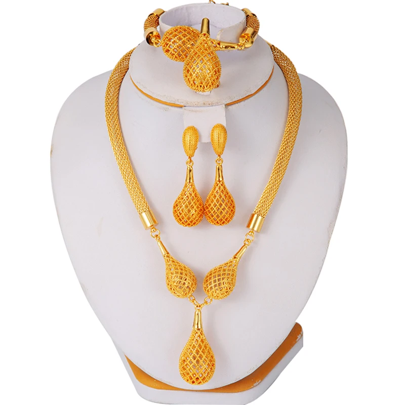 Nigeria jewelry sets for women African bridal wedding gifts party Dubai Gold color Bracelet Necklace earrings ring set collares