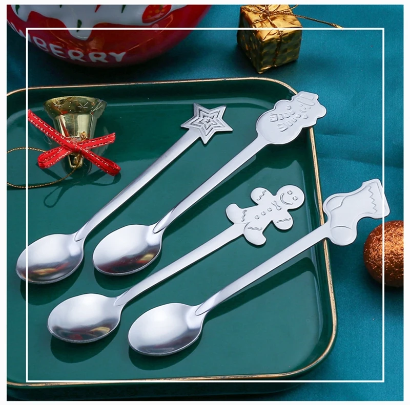 Cartoon Christmas Gingerbread Man Snowman Spoon Stainless Coffee Dessert Spoon 12.8cm Christmas Kitchen Tableware New Year Gift