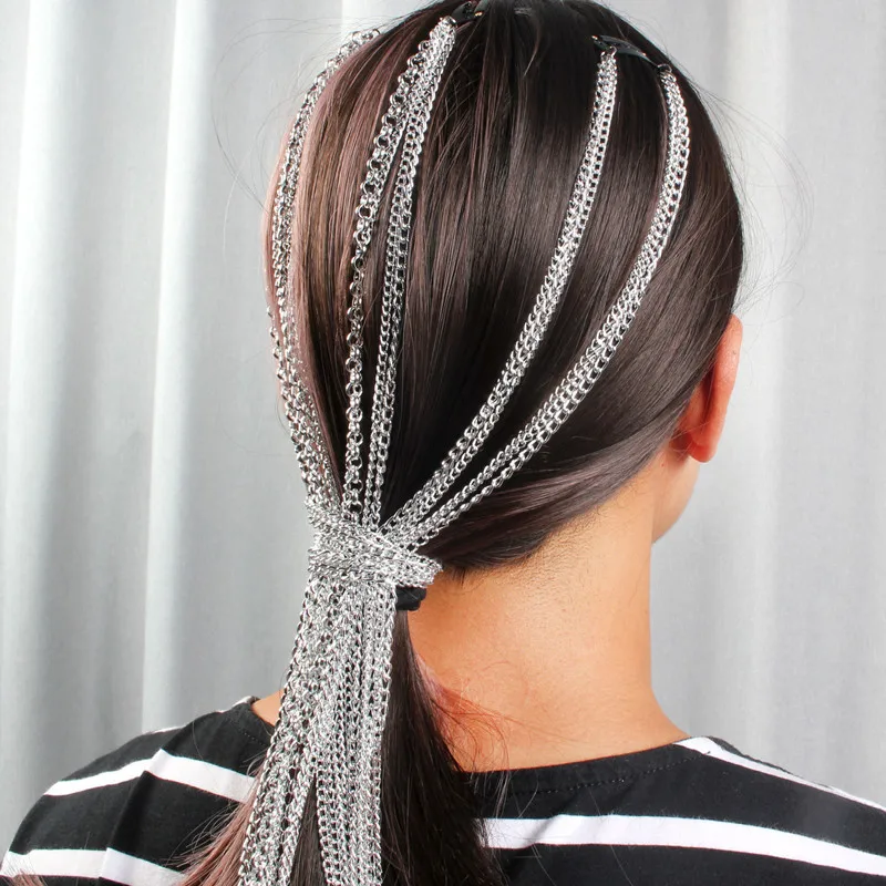 New Metal Chain Braided Headwear Fringe Wig Extension Silver Hair Chain Hair Clip For Women Girls Punk Hair Accessories