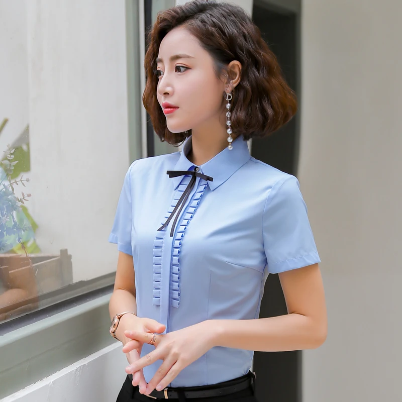 Novelty Blue Formal OL Styles Short Sleeve Blouses Shirts for Women Business Work Wear Female Blouse Tops Clothes Summer