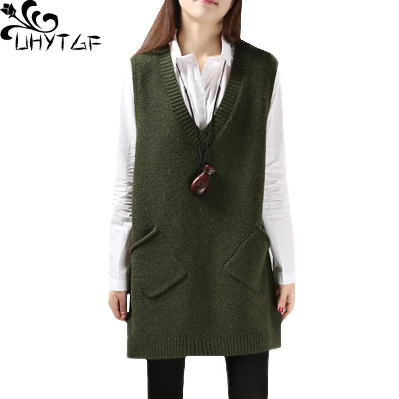 

UHYTGF Long Vests For Women Knit Pullover Spring Autumn Vest Sweater Skirt Sleeveless Loose Casual Big Size Vest Waistcoat 756