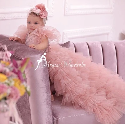 Sweet Lovely Flower Girl Gowns Puffy Fully Pleated Tiered Ruffles Tulle Dressing For Kids Shiny Princess Long Party Dresses