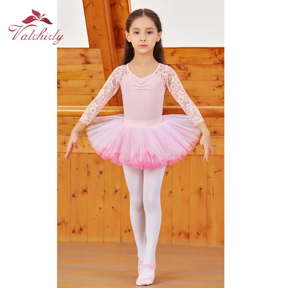 New Pink Ballerina Costume Kids Dance Leotard Tutu Dress  Long Sleeves Flower Lace Dancewear  for Girls